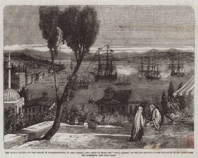 El Sultán saliendo de su Nuevo Palacio en Dolmabaghdsche, para visitar al Almirante Lord Lyons a bordo del Royal Albert, el día anterior a la partida de la flota del Bósforo de Richard Principal Leitch